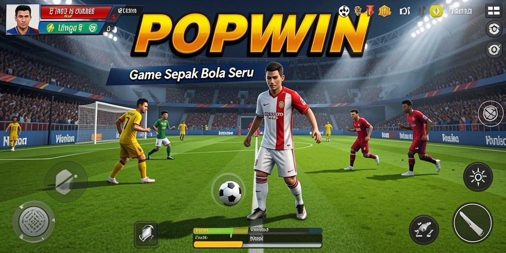 Tampilan gameplay seru penuh aksi dari POPWIN di lapangan sepak bola.