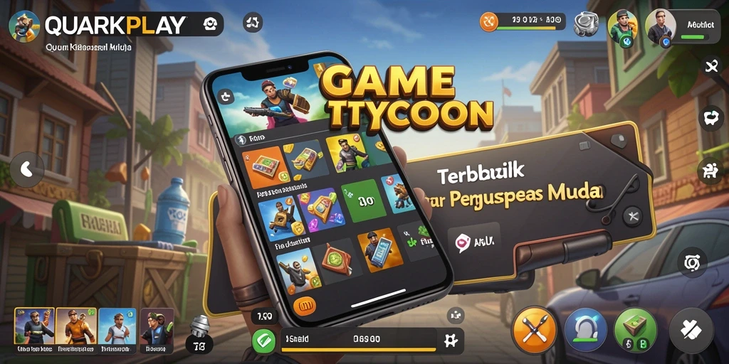 Tangkapan layar utama QUARKPLAY menampilkan gameplay Tycoon yang menarik.